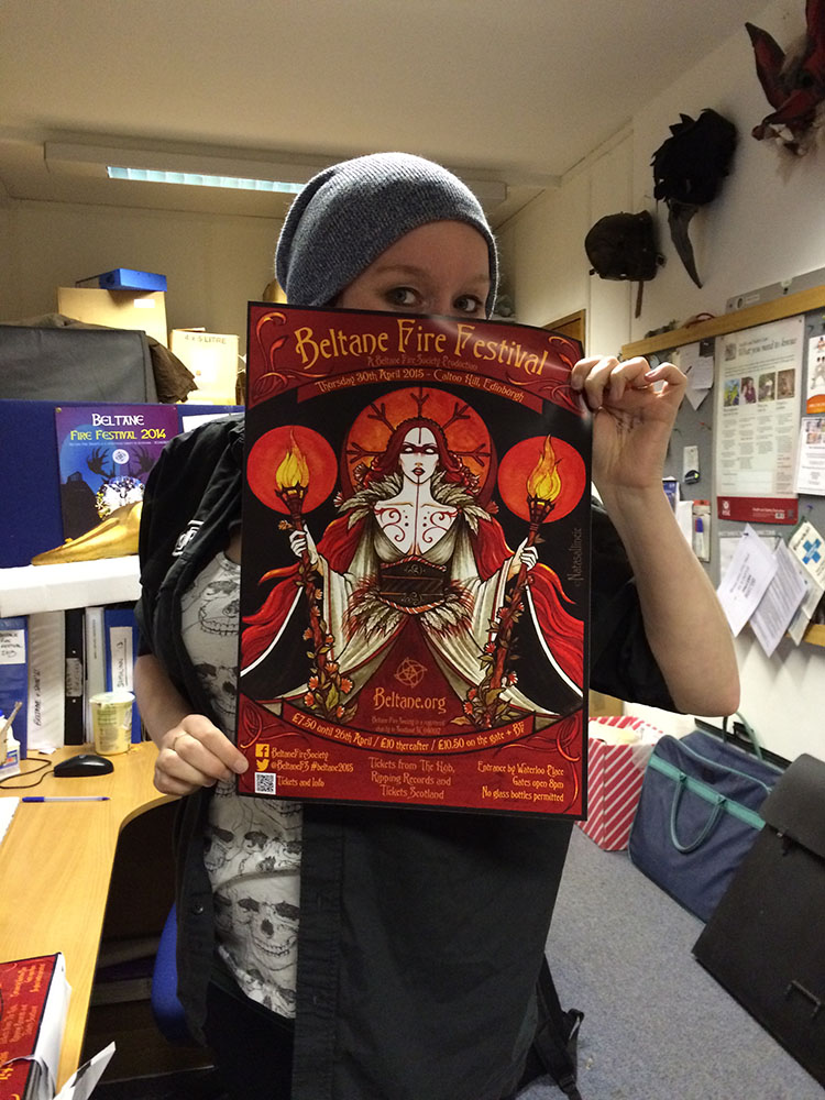 Event Coordinator Sara with the Beltane 2015 poster